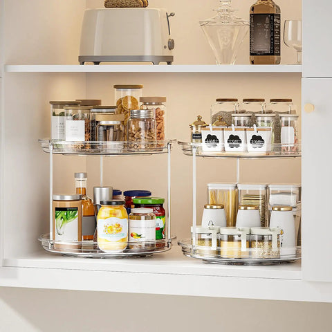 Heavy Lift Double Tier Lazy Susan Turntable Organizer For Pantry Or Fridge, clear with jars and bottles, 9 inch diameter, 7.6 inch tall.