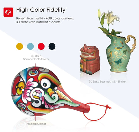 Handheld 3D Scanner With Infrared VCSEL Tech And Live RGB Color Capture Built For Makers Craving Straight Up Next Level Precision Without Any Messy Setup Hassles Or Laggy Data Exporting Today, showing colorful object details.