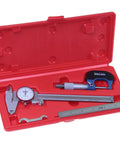 Dial Caliper Micrometer And Stainless Steel Ruler Tool Set For Machinists in a red molded case with 0 to 6 inch caliper