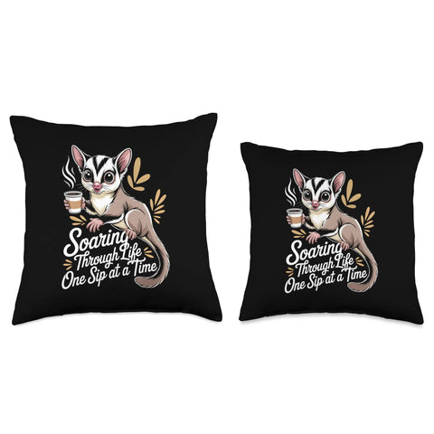Sugar Glider Coffee Throw Pillow With Adorable Pet Artwork For Caffeine Lovers And Latte Fans Double Sided Print In One Hundred Percent Spun Polyester Cozy Gift For Sugar Glider Moms And Home Decor Enthusiasts featuring a cute sugar glider holding a coffee cup.