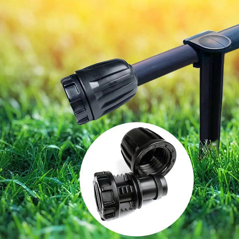 Half Inch Drip Irrigation End Caps 10 Pack Barbed End Plugs for Half Inch Tubing 16mm OD Drip Tubing Connectors in use on grass