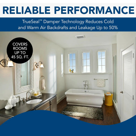 Energy Star Ceiling Or Wall Mount Vent Fan With Roomside Install, 50 CFM, Ultra Quiet 0.5 Sones in a bathroom setting