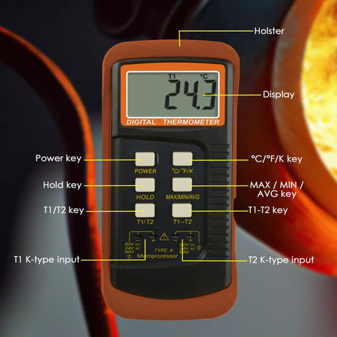 Close-up view of Dual Channel Digital Thermometer With K Type Probes, -50 Celsius To 1300 Celsius Range, showing buttons and display.