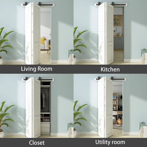 36 Inch Bi Folding Sliding Barn Door Hardware Track Kit With Heavy Duty Top Mounted Black Rollers For Two Doors shown in various room settings