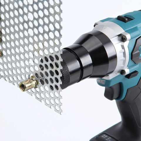Smooth Riding Heavy Duty Cordless Electric Rivet Nut Gun With 5.2ah Battery Pack and Built In Light for M3 Through M12 installation, close-up on metal sheet.