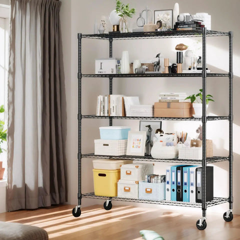 Five Tier Wire Shelving With Wheels Heavy Duty Height Adjustable Metal Storage Rack Commercial Grade Steel Utility Shelf 24 By 48 By 82 Inches with storage bins.