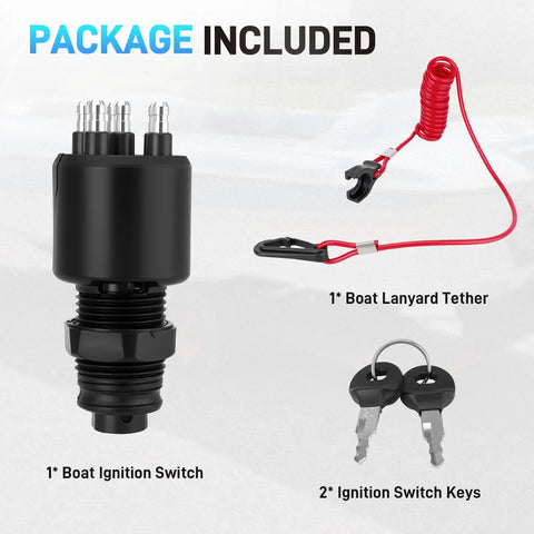 Package contents of Boat Ignition Switch With Two Keys And Safety Lanyard For OMC Johnson Evinrude 40-200HP Outboard Motors Replacement 175974 Durable No Fuss Install Assembly, featuring ignition switch, red lanyard, and two keys.