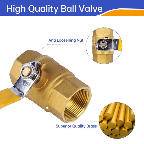 Beefy Brass Ball Valve, 1-1/4 Inch Full Port NPT Female To Female, water shut off plumbing fitting, close-up view.