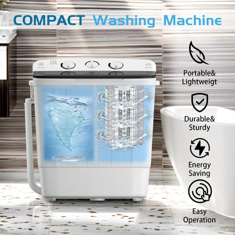 Portable Twin Tub Washing Machine With Drying Rack And Ten Hangers, 12 Lb Washer Plus 7 Lb Spinner, Semi Automatic Compact Laundry Setup showing water in the wash tub.