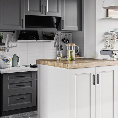 Modern kitchen with 10 Pack Solid 5 Inch Square Matte Black Kitchen Cabinet Handles For Cabinets And Drawers shown on white cabinets