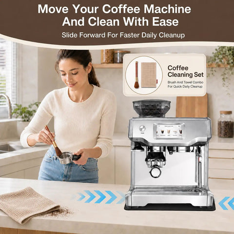 Smooth As Butter Espresso Machine Countertop Protector And Slick Slider Pad in use for easy coffee machine cleaning.
