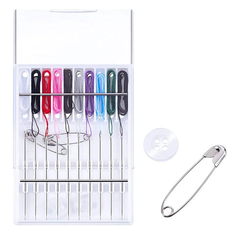 Two Box Set Pre Threaded Needle Kit With Twenty Pieces And Mixed Color Threads 32 Inch Length Grab And Go Quick Sewing Kit Includes Four Buttons And Four Safety Pins Perfect For Everyday Hand Sewing And Quick Home Repairs, showing colorful threads, pins, and button.