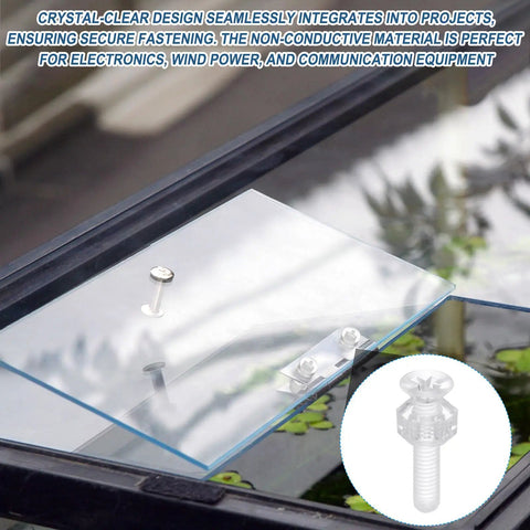 Rock Solid Clear Acrylic Bolts And Hex Nut Kit M4 X 6Mm Plastic Machine Screws fitting into a clear acrylic sheet for secure assembly.