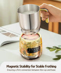 Detachable Milk Frother With Four Temperature Settings Delivers Barista Style Foam For Hot Or Cold Drinks Five In One Frothing And Heating Options Dishwasher Safe 400ml Perfect For Latte Cappuccino Hot Chocolate on a kitchen counter
