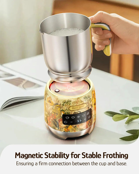 Detachable Milk Frother With Four Temperature Settings Delivers Barista Style Foam For Hot Or Cold Drinks Five In One Frothing And Heating Options Dishwasher Safe 400ml Perfect For Latte Cappuccino Hot Chocolate on a kitchen counter
