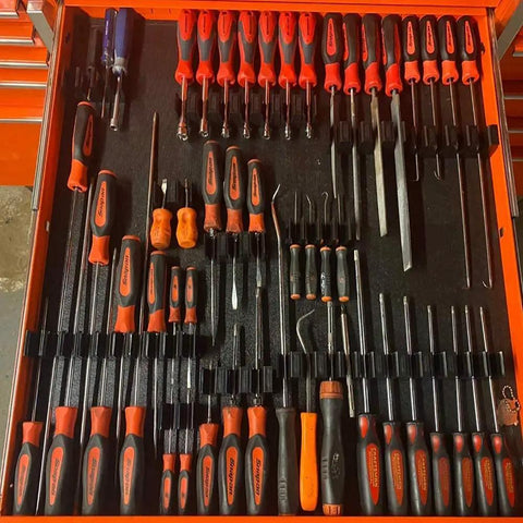 Drawer with organized screwdrivers held by Pro Series 4.0 Magnetic Screwdriver Organizer With Magnetic Base For Secure Tool Drawer Storage Modular System For Pros And DIY Mechanics 12 Holder Pack.