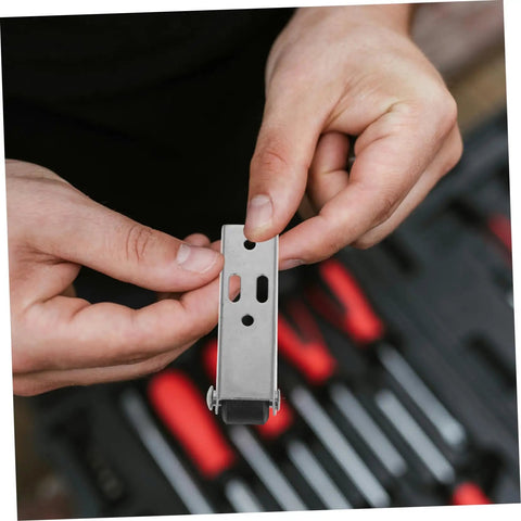 Heavy Duty Vertical Sliding Door Rollers Four Pack For Cabinet Closet Track Guide Smooth Gliding Wheels No Sweat Install showing steel track pulley in hand.