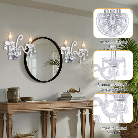 Elegant Crystal Wall Sconce Candles Set Of 2 For Living Room Bath Entryway Hallway displaying glam crystal accents and lit glow