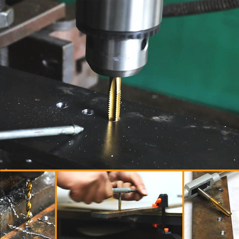 Hardcore M8x1.25 Tap and 6.75mm Drill Bit Set in use on metalwork, showcasing precision and durability for DIY projects.