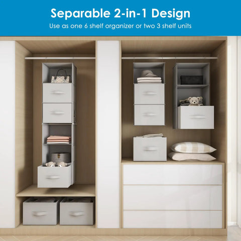 Versatile Six Shelf Hanging Closet Organizer With Split Shelf Design And Three Removable Drawers For Ultimate Flexibility Plus Four Mesh Storage Pockets, shown as 2-in-1 setup.