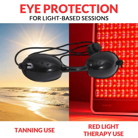 Straight Up The Best Red Light Therapy Glasses With Half Clear Lenses Offer Top Shelf Eye Protection For Tanning Beds By Blocking UV And Infrared Waves While Giving You Solid Coverage And Zero Fuss During Every Session, displayed against a sunset and red light therapy backdrop.
