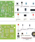Five-Project Soldering Practice Kit With DIY Electronics Projects Including Tesla Coil Wireless Light, Lucky Turntable, Doorbell, components displayed.