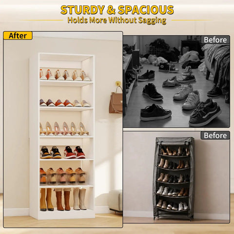18 Tier Tall Shoe Cabinet Wooden Shoe Rack White Narrow Shoe Storage Organizer With Removable Shelves For Small Spaces Shoe Shelf Tower with organized shoes