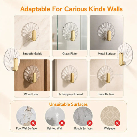 10 Pack Invisible Adhesive Wall Hooks With Chic Gold Shell Design waterproof hooks shown on various wall surfaces.