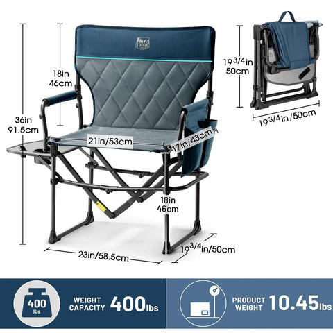 Aluminum Camping Directors Chair With Side Table Pocket Portable Folding Lawn Chair For Fishing Trips Picnics Concerts And Other Outdoorsy Fun Heavy Duty 400 Lbs Capacity Navy, unfolded and folded views showing dimensions.