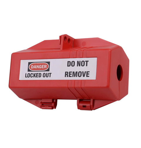 Heavy Duty 220V Plug Lockout Device Built To Keep Your Worksite Secure With Rugged ABS Plastic Electrical Cord Securer visible from the side.
