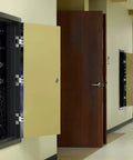 Heavy Duty Concealed Hinge For Two Inch Metal Doors Featuring Alloy Steel Build And One Eighty Minute Fire Rating With A Smooth Satin Nickel Exterior Finish That Runs Straight Up Like A Boss in hallway with open cabinet.