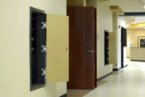 Heavy Duty 316 Stainless Steel Invisible Hinges For Two Inch Metal Doors Featuring A Slick Satin Outdoor Finish with a yellow door open.