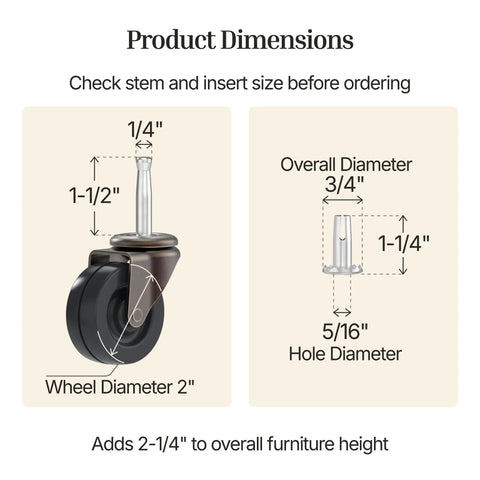 Product dimensions for Heavy Duty Antique Brass Casters With Silent Rubber Wheels Two Inch Stem Casters Pack Of 4.