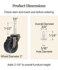 Kick It Slick Antique Brass Caster With Soft Rubber Wheel Two Inch Diameter Grip Stem Heavy Duty Roller dimensions chart.