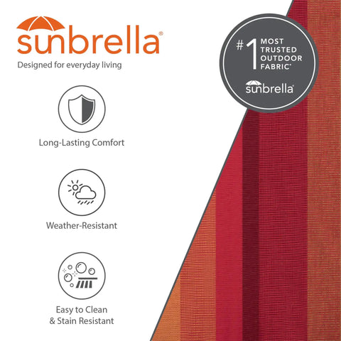 Sunbrella fabric swatches in shades of red with icons for long-lasting comfort, weather resistance, and easy cleaning.