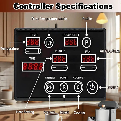 Zero Hassle Smokeless Electric Coffee Bean Roaster Machine 200 Grams Capacity controller specifications with digital display.