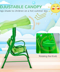 Side view of Two Seat Kids Patio Swing With Adjustable Canopy And Safety Belt Frog Pattern Hanging Swing Bench For Garden Or Backyard Green Outdoor Fun For Lil Ones