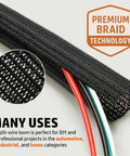Split Sleeve Wire Loom For High Temperature Automotive Harness And Home Cable Management, 25 Feet Long, 1 Inch Diameter, Braided PET Polyester