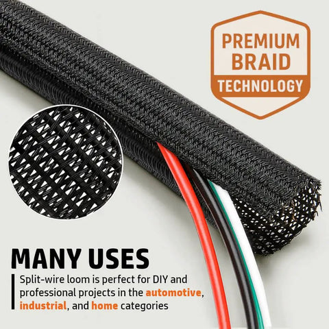 Split Sleeve Wire Loom For High Temperature Automotive Harness And Home Cable Management, 25 Feet Long, 1 Inch Diameter, Braided PET Polyester