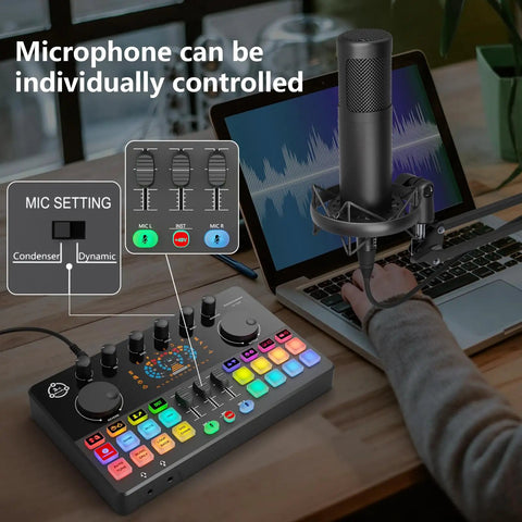 Pro Level Dual Microphone Podcast Bundle Slick Rgb Audio Mixer With 48V Phantom Power, showing mic controls and laptop setup.