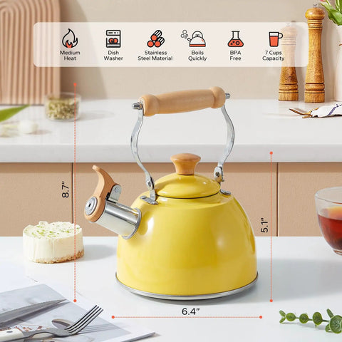 Yellow 1.6 Quart Tea Kettle With Cool Touch Wooden Handle Food Grade Stainless Steel Stovetop Teapot Whistling Kettle For Easy Pour Ergonomic Grip Safe Heat Resistant Kitchen Accessory on kitchen counter.