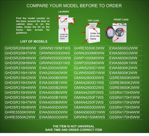 Comparison chart for GE Hotpoint top load washer models to verify compatibility with Direct Swap Bearing Kit.