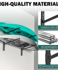 Heavy Duty Wall Mounted Kayak Storage Rack Featuring Adjustable Pads For Two Boats Rock Solid Steel Frame showing two boats with rust-proof coating.