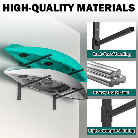 Heavy Duty Wall Mounted Kayak Storage Rack Featuring Adjustable Pads For Two Boats Rock Solid Steel Frame showing two boats with rust-proof coating.