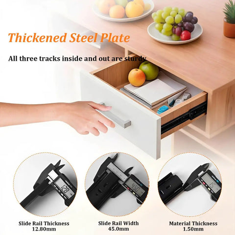Rock Solid 100 Lbs Heavy Duty Drawer Slides 3 Section Ball Bearing Full Extension displaying sturdy slide rails and drawer with fruit.