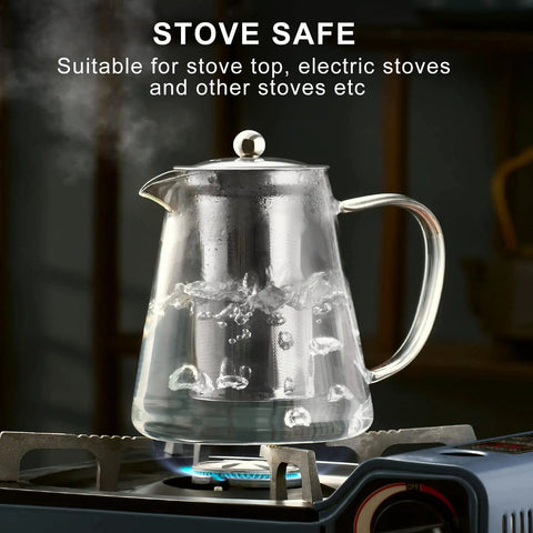 Stovetop Safe Glass Teapot 550ml With Removable Stainless Steel Infuser on portable stove, ideal for camping and travel.