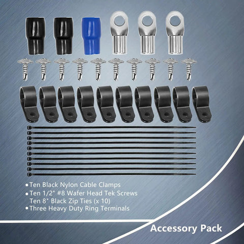 Accessory pack for Heavy Duty Big 3 Power Upgrade Kit includes clamps, screws, zip ties, and terminals.