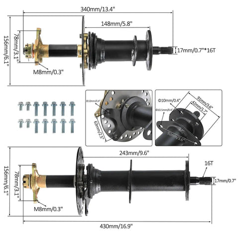 Beefed-Up 30 Inch Rear Axle Assembly With 760mm Drive Shaft Kit And 13x4.10-6 Tubeless Rim dimensions and components