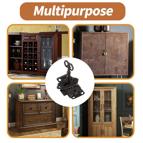 Top Shelf Vintage Red Bronze Skeleton Key Cabinet Lock Set With Dead Solid Iron Build And Matching Keys For Heavy Duty Furniture Restoration And Craft Projects displayed with various cabinets