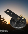 Waterproof Black Car Electric Siren Horn DC 6V 105DB Super Rip Snorting Sound For Truck Motorcycle Boat ATV Heavy Duty Metal Body with mounting bracket against sunset.
